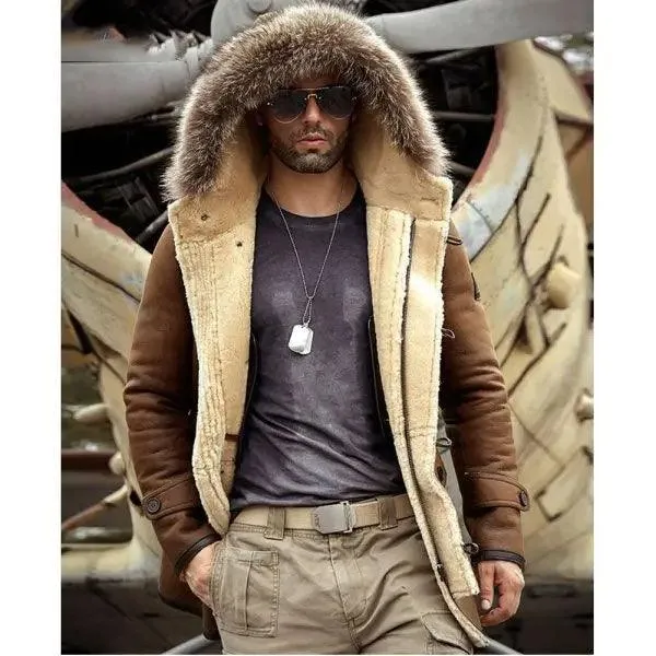 Men's Shearling Bomber Hooded Mink Fur Leather Long Jacket Coat