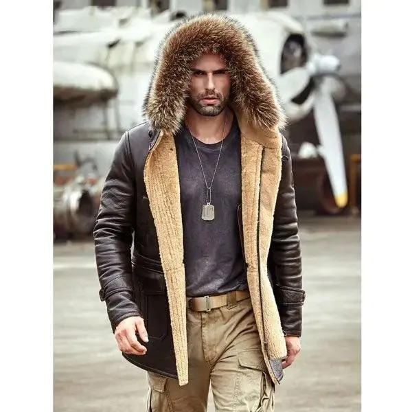 Men's Shearling Bomber Hooded Mink Fur Leather Long Jacket Coat