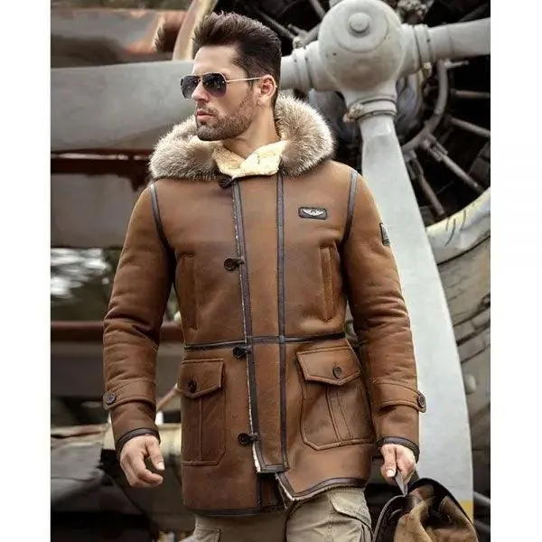 Men's Shearling Bomber Hooded Mink Fur Leather Long Jacket Coat