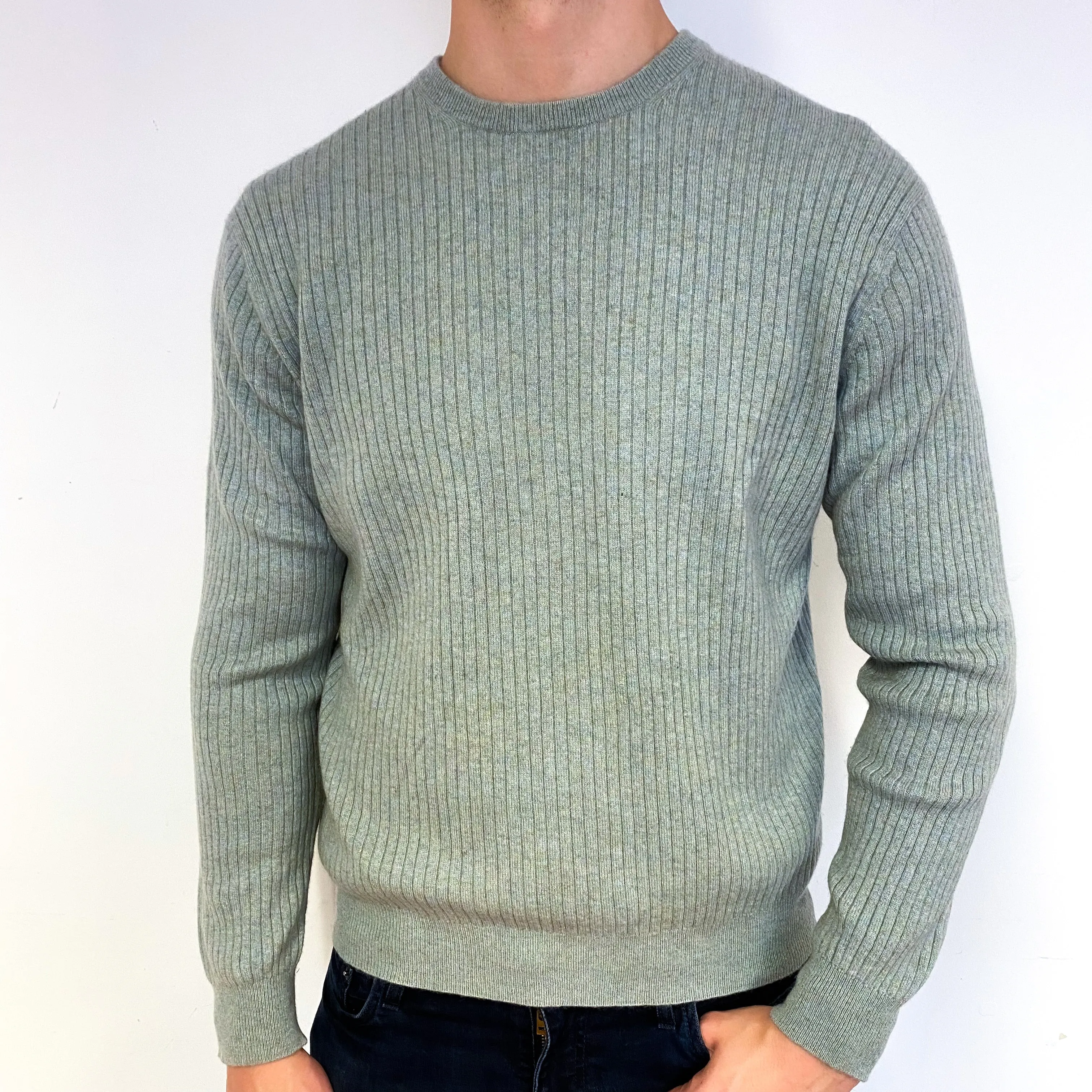 Men's Soft Sage Green Cashmere Crew Neck Jumper Extra Large
