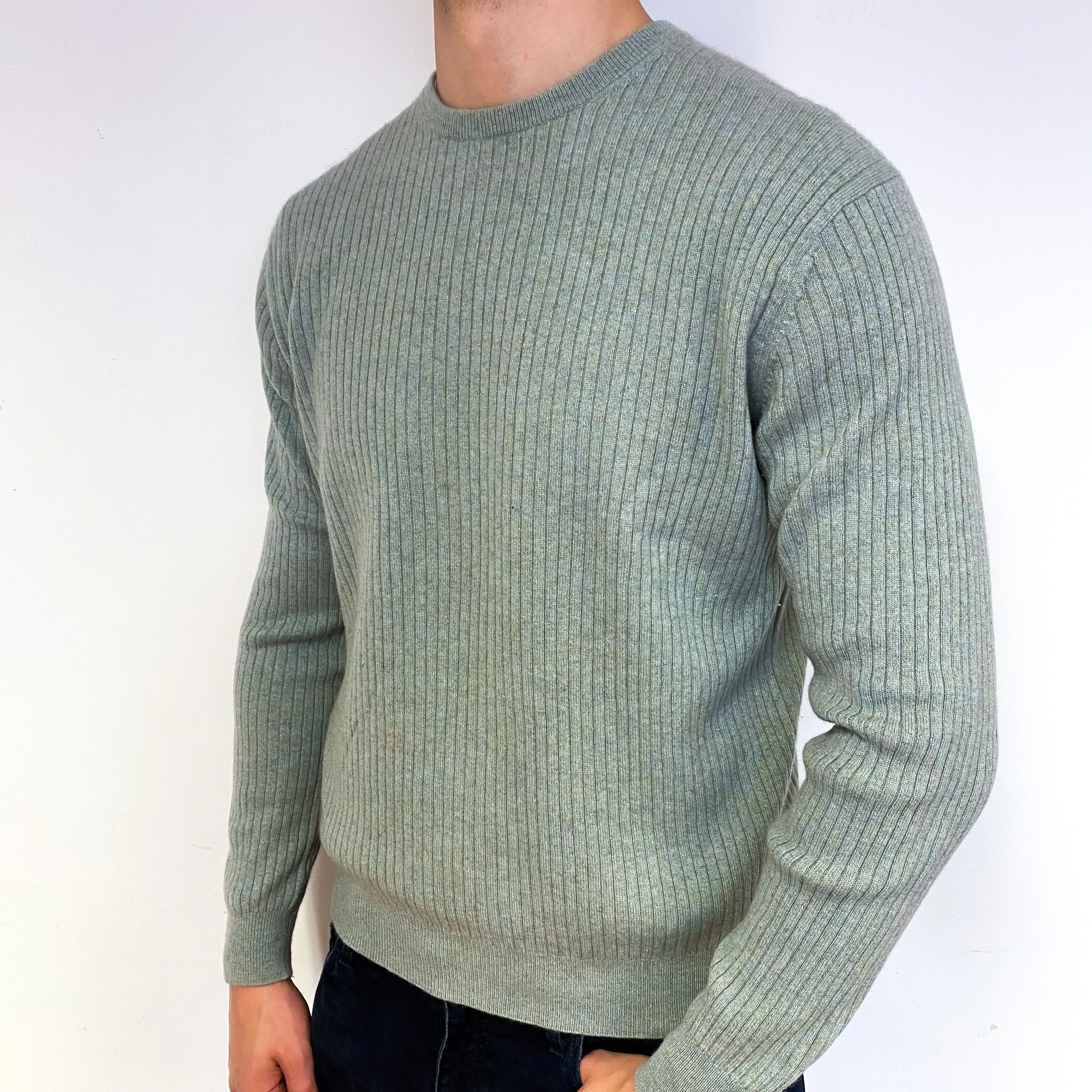 Men's Soft Sage Green Cashmere Crew Neck Jumper Extra Large