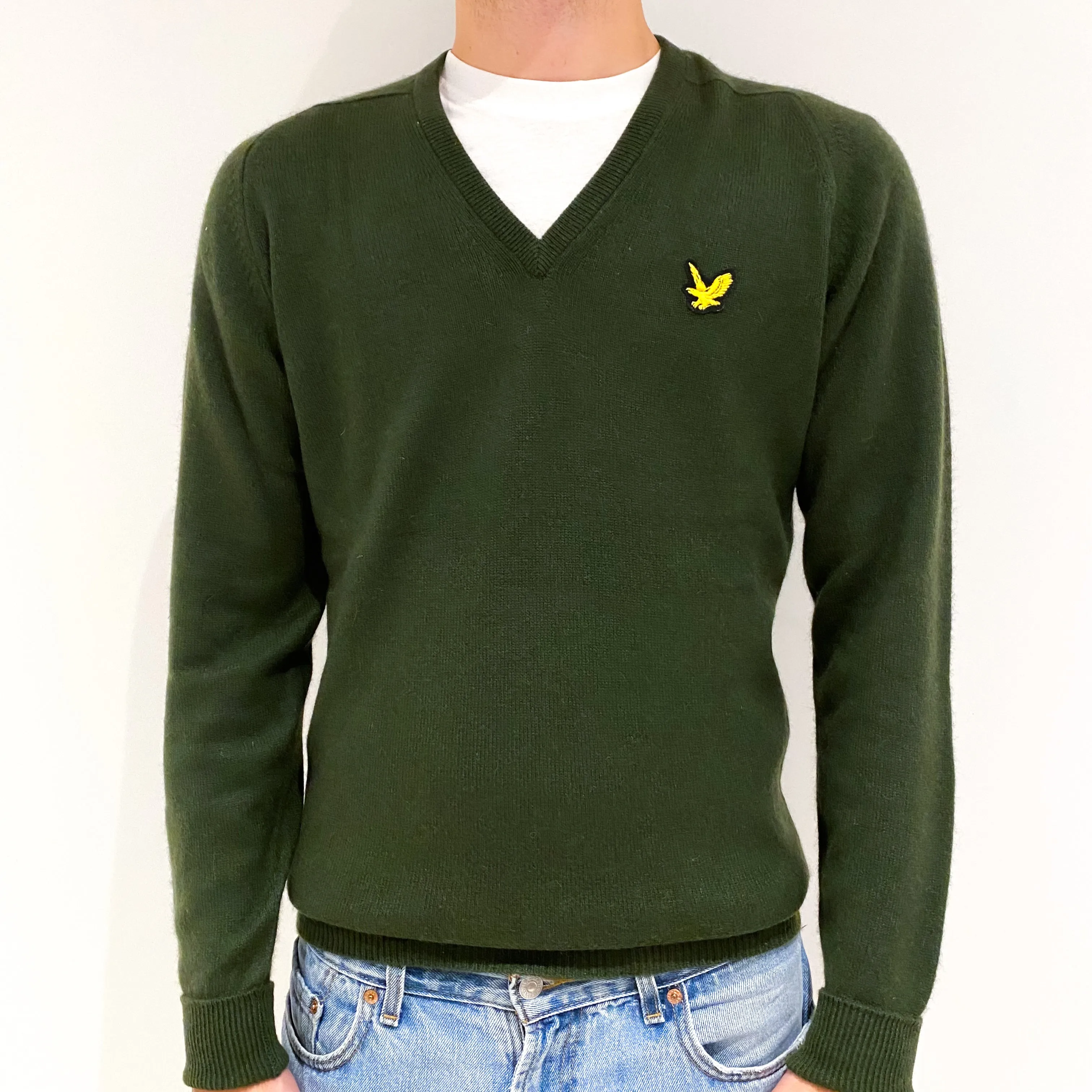 Men's Vintage Seaweed Green Cashmere V-Neck Jumper Medium