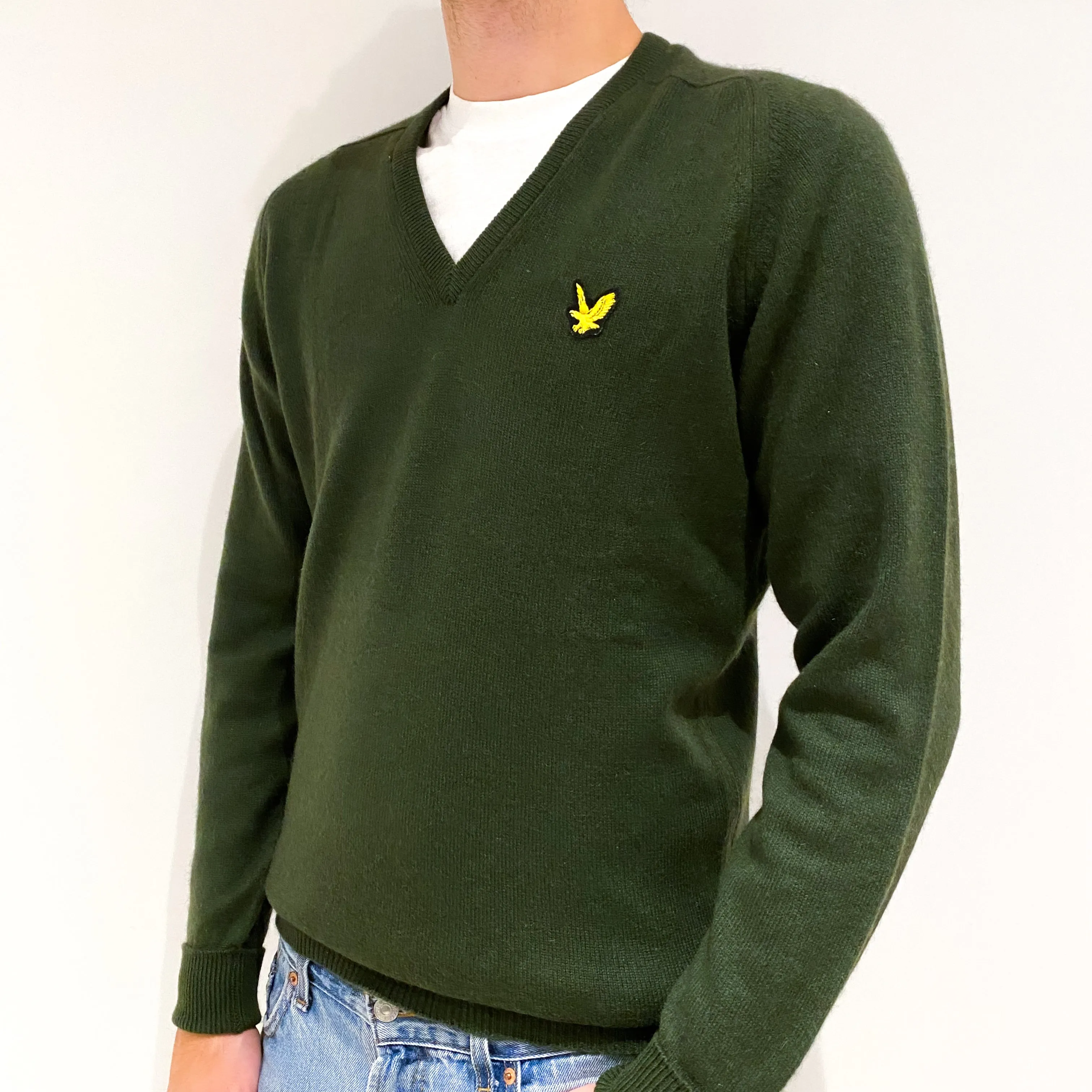 Men's Vintage Seaweed Green Cashmere V-Neck Jumper Medium