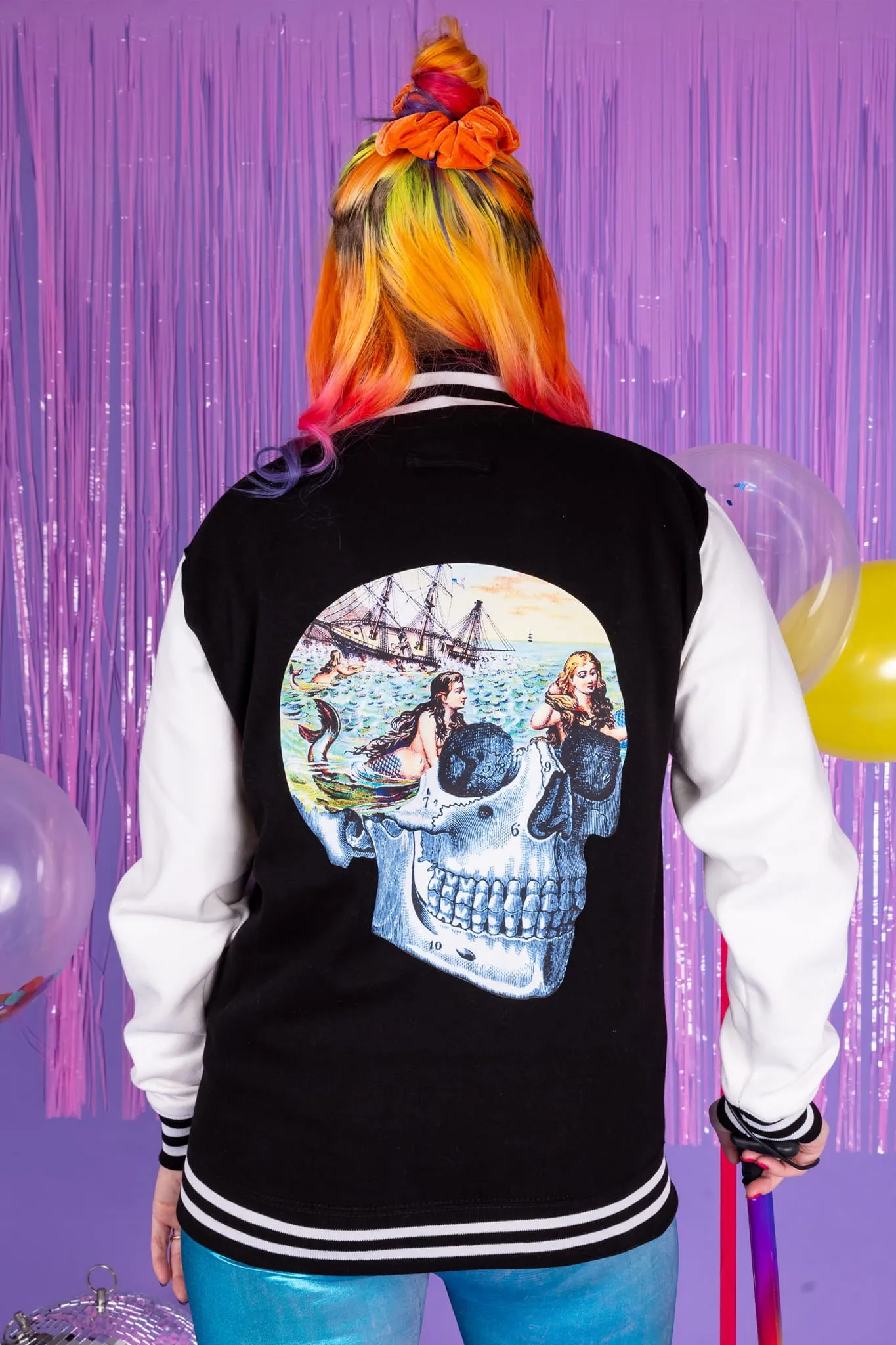 Mermaid Skull Black & White Varsity Jacket