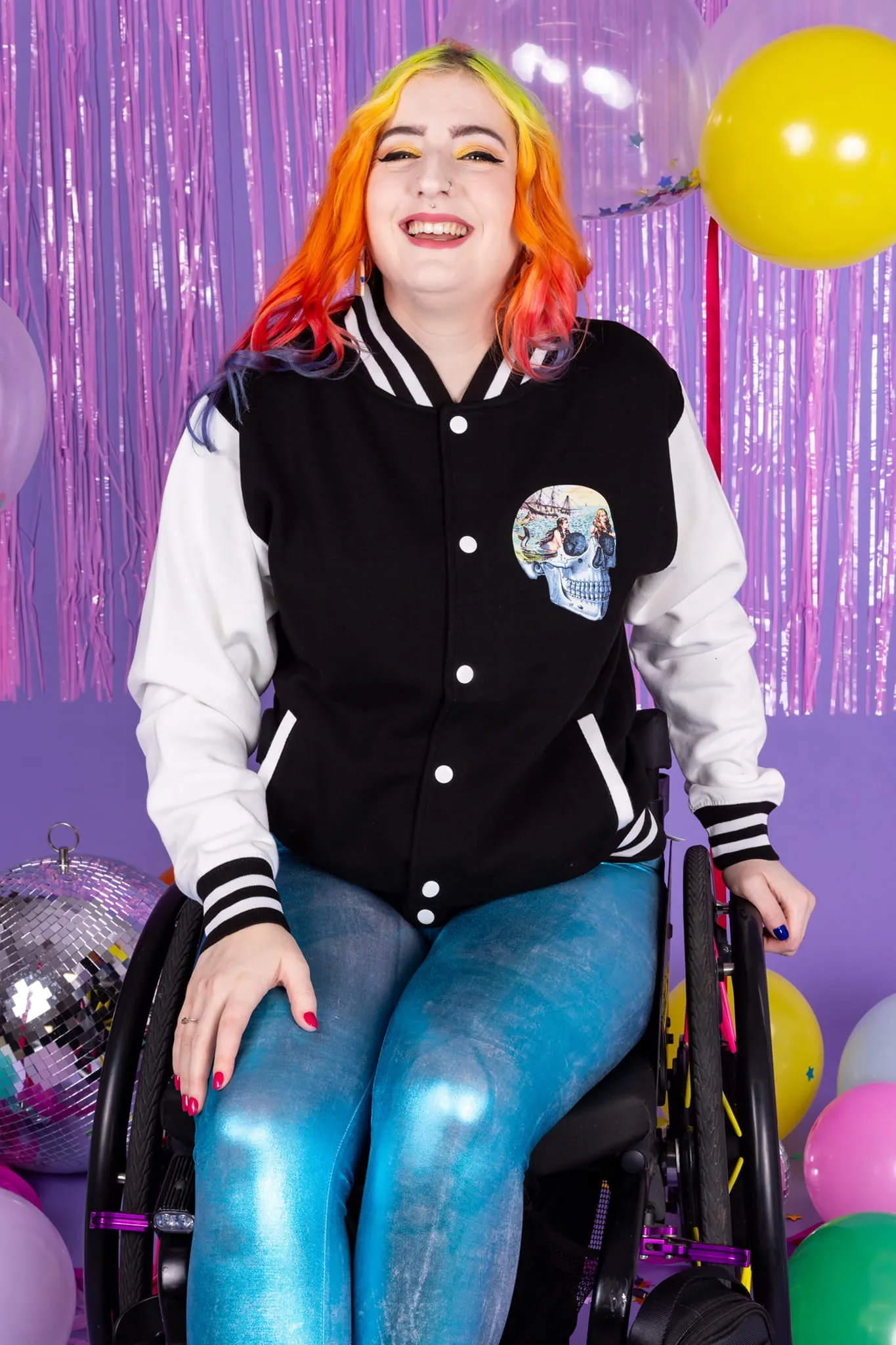 Mermaid Skull Black & White Varsity Jacket