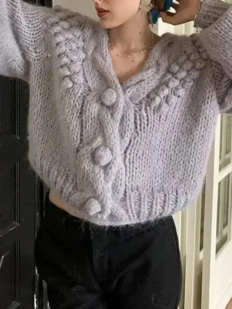 Metaversmall Solid Loose Minimalist Casual Sweater For Women V Neck Long Sleeve Chic Floral Cardigan Sweaters Female Fashion Style