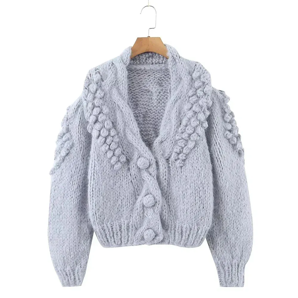 Metaversmall Solid Loose Minimalist Casual Sweater For Women V Neck Long Sleeve Chic Floral Cardigan Sweaters Female Fashion Style