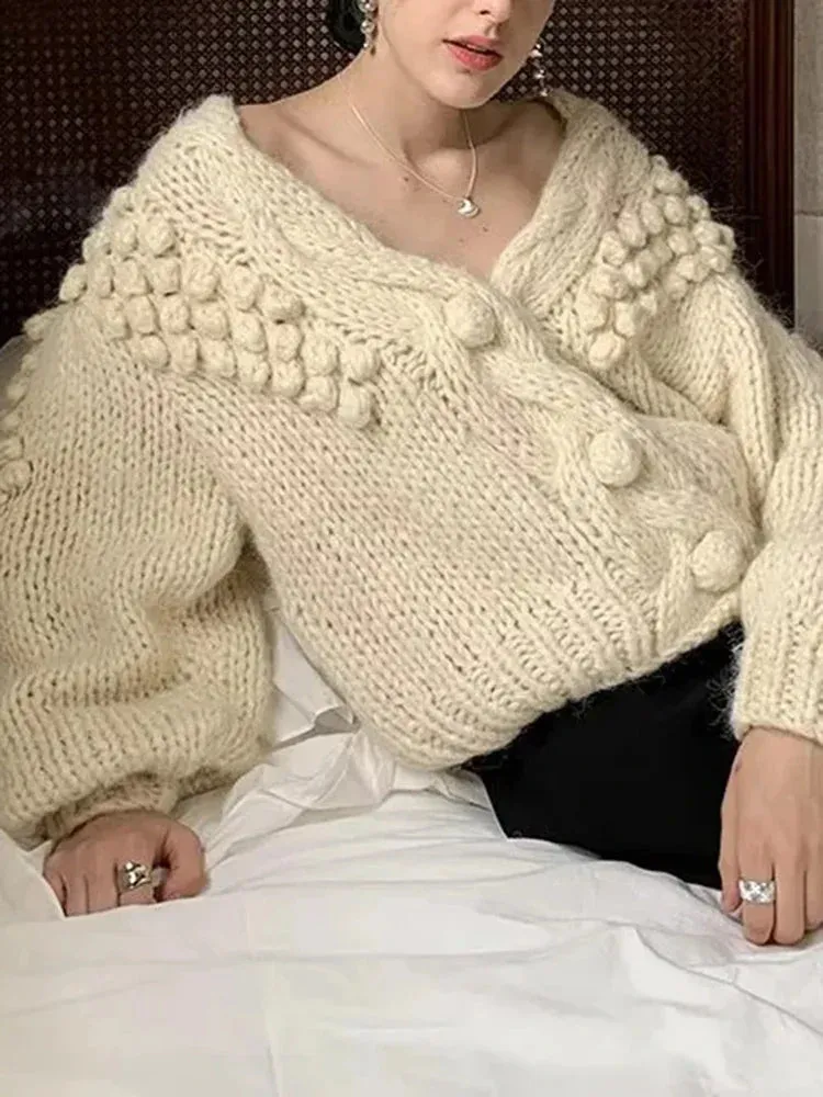 Metaversmall Solid Loose Minimalist Casual Sweater For Women V Neck Long Sleeve Chic Floral Cardigan Sweaters Female Fashion Style