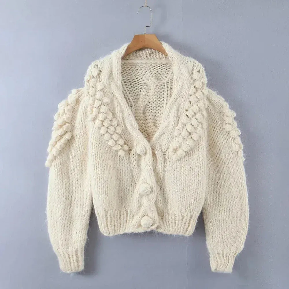 Metaversmall Solid Loose Minimalist Casual Sweater For Women V Neck Long Sleeve Chic Floral Cardigan Sweaters Female Fashion Style