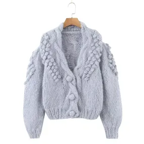 Metaversmall Solid Loose Minimalist Casual Sweater For Women V Neck Long Sleeve Chic Floral Cardigan Sweaters Female Fashion Style
