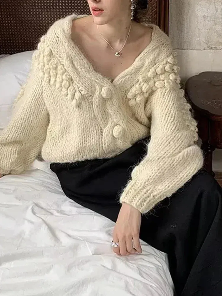 Metaversmall Solid Loose Minimalist Casual Sweater For Women V Neck Long Sleeve Chic Floral Cardigan Sweaters Female Fashion Style