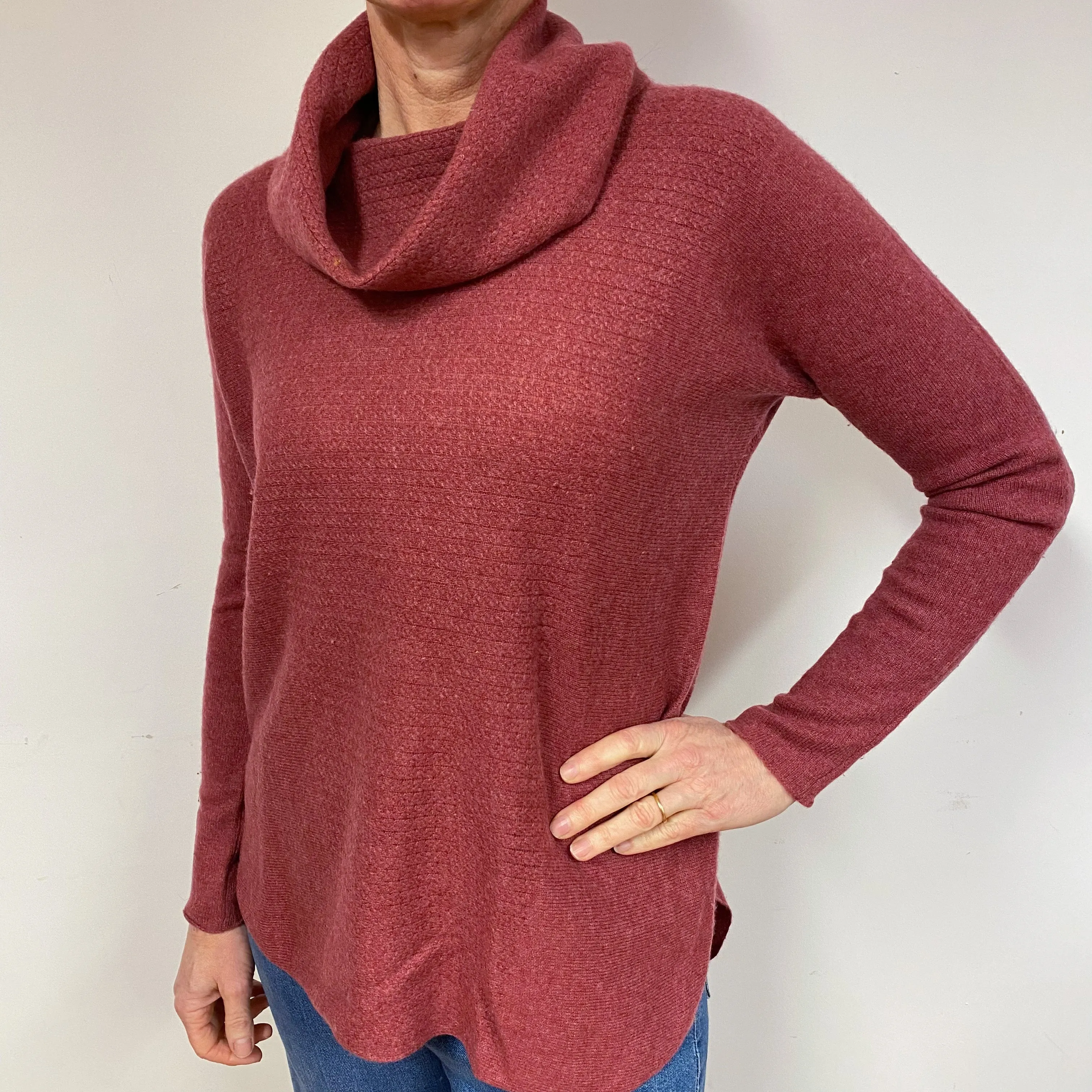 Muted Brick Red Batwing Cashmere Cowl Neck Jumper Medium