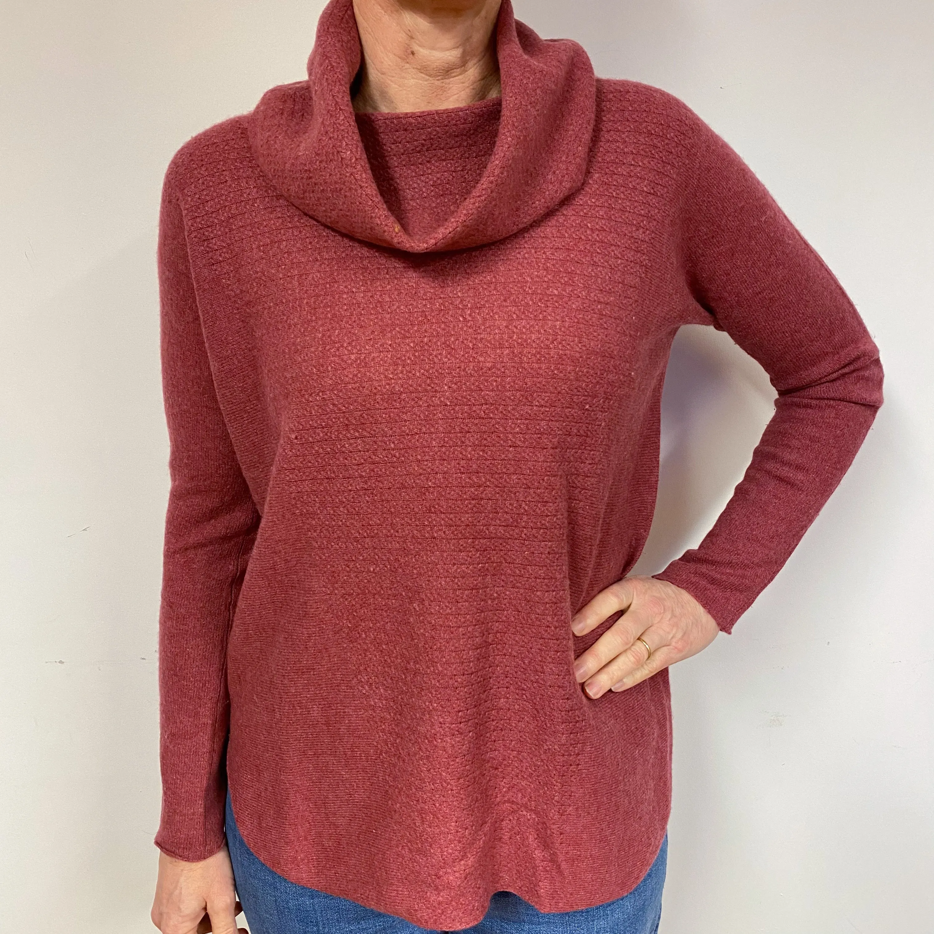Muted Brick Red Batwing Cashmere Cowl Neck Jumper Medium
