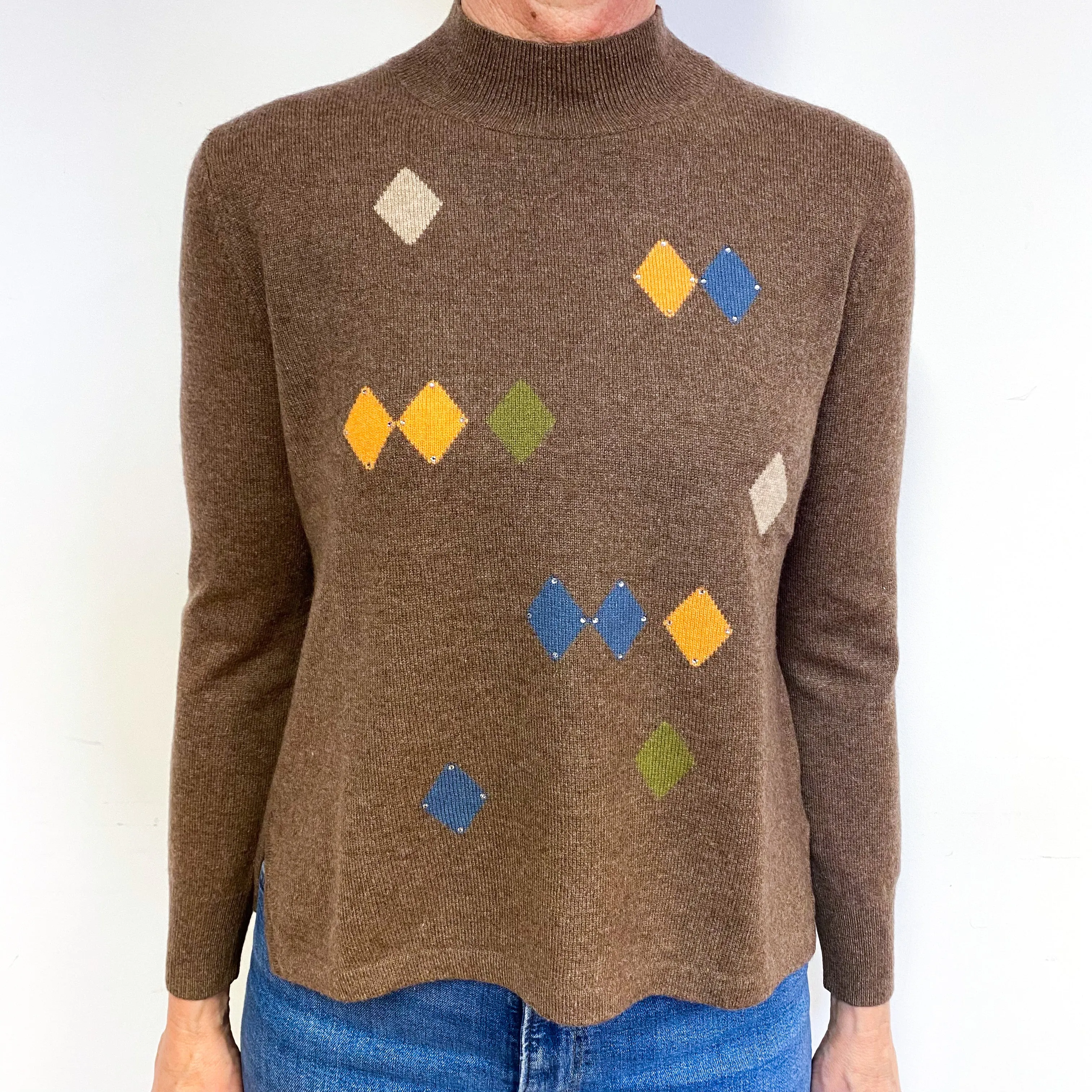 Muted Brown Diamond Cashmere Turtle Neck Jumper Medium
