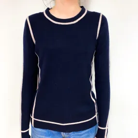 Navy Nude Pink Trim Cashmere Crew Neck Jumper Extra Small