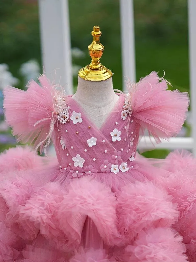 New 0-12 years old baby dress embroidered flower fluffy birthday party girl princess dress