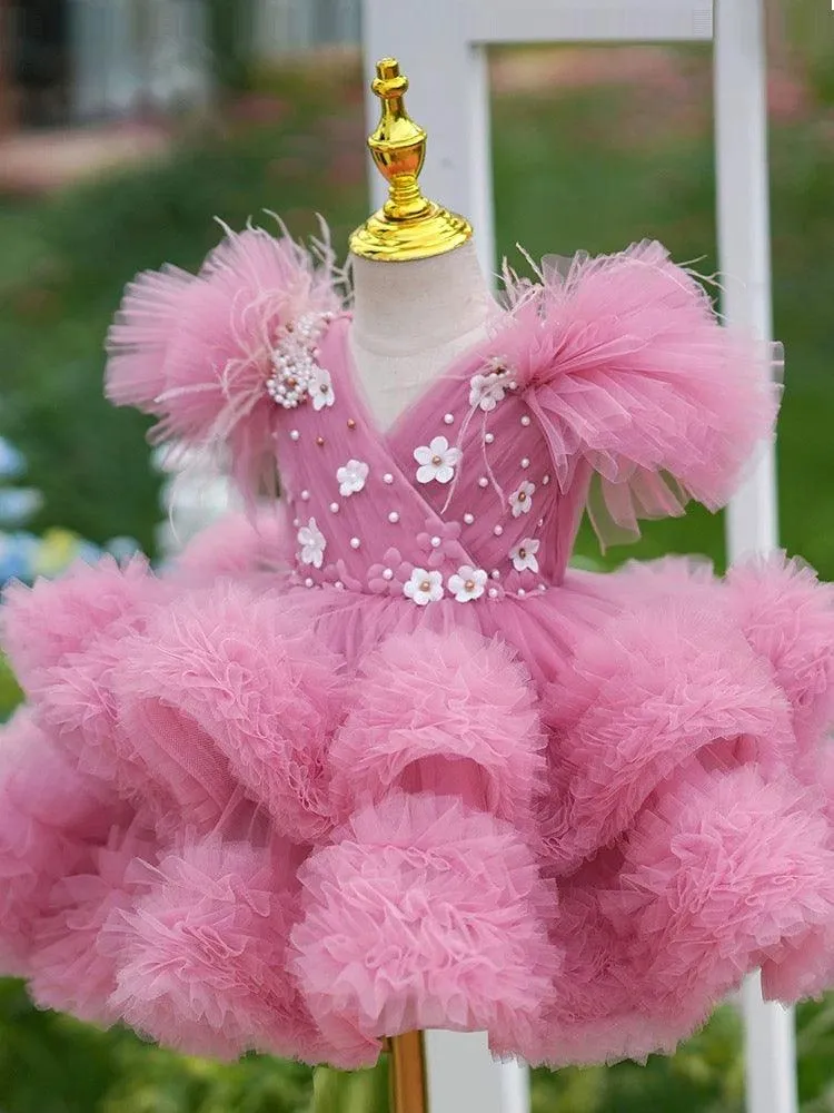 New 0-12 years old baby dress embroidered flower fluffy birthday party girl princess dress