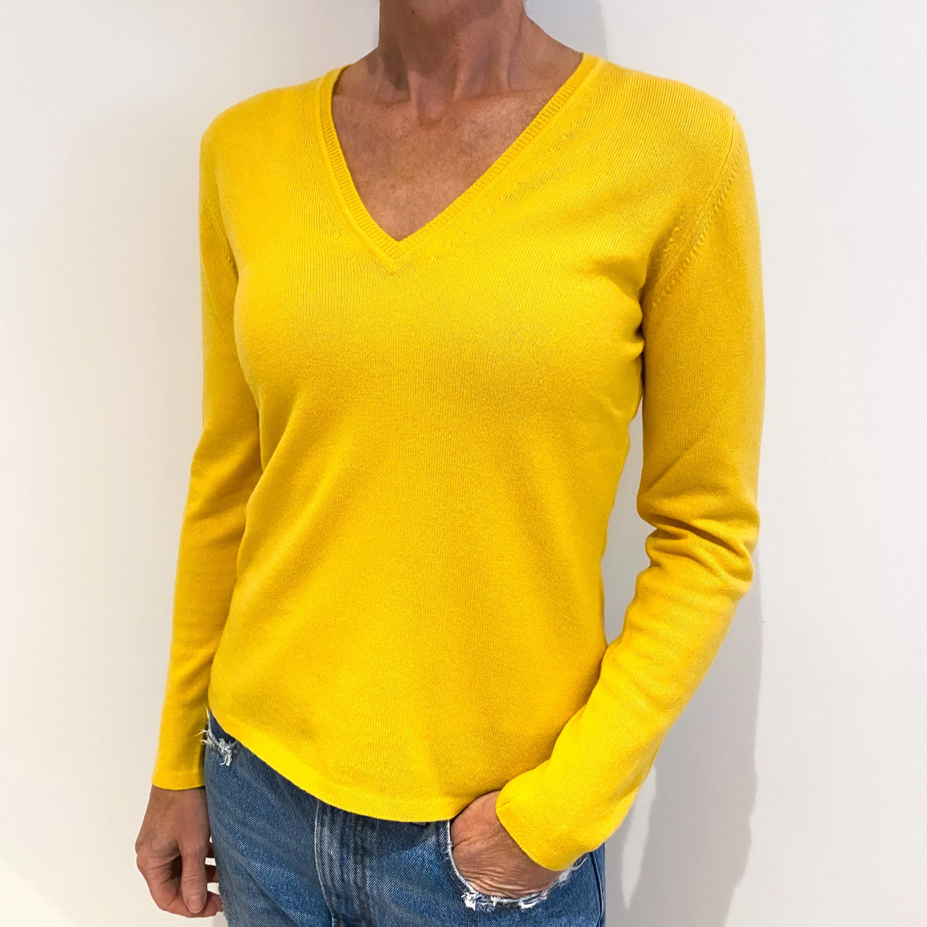 New Scottish Marigold Yellow Cashmere V-Neck Jumper Small