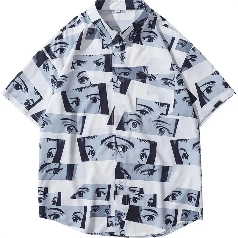 Oversize Mens Short-sleeved Shirt with Cartoon Character Creative Pattern Printing