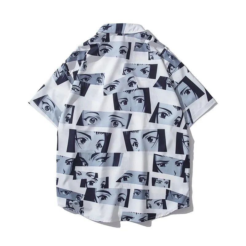 Oversize Mens Short-sleeved Shirt with Cartoon Character Creative Pattern Printing