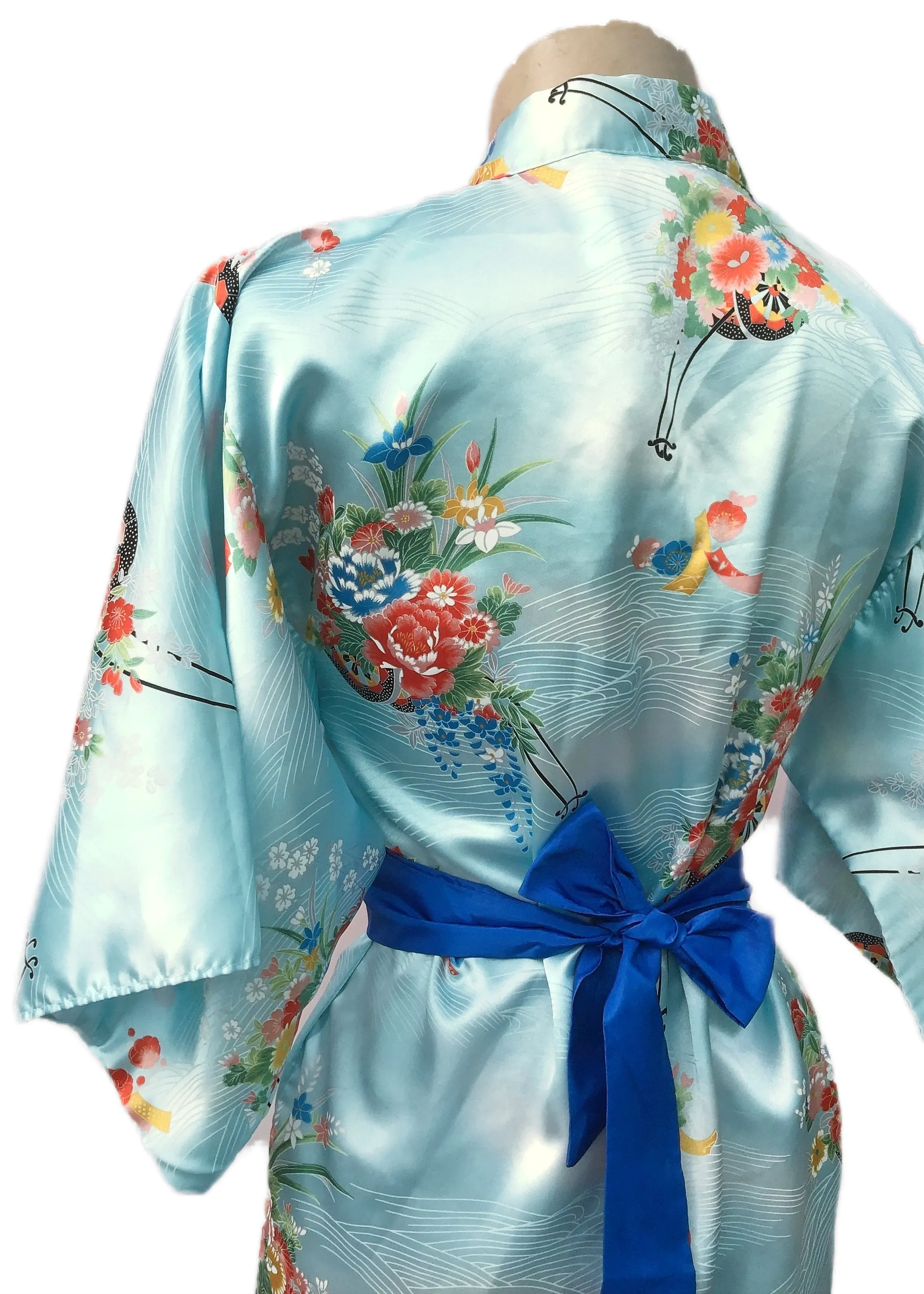 Pale Blue Silky Kimono Robe Flower Pattern