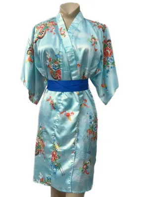 Pale Blue Silky Kimono Robe Flower Pattern
