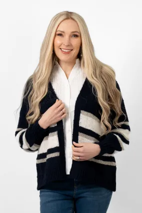 Paris Wool Blend Striped Cardigan - Navy/Cream/Gold, Striped