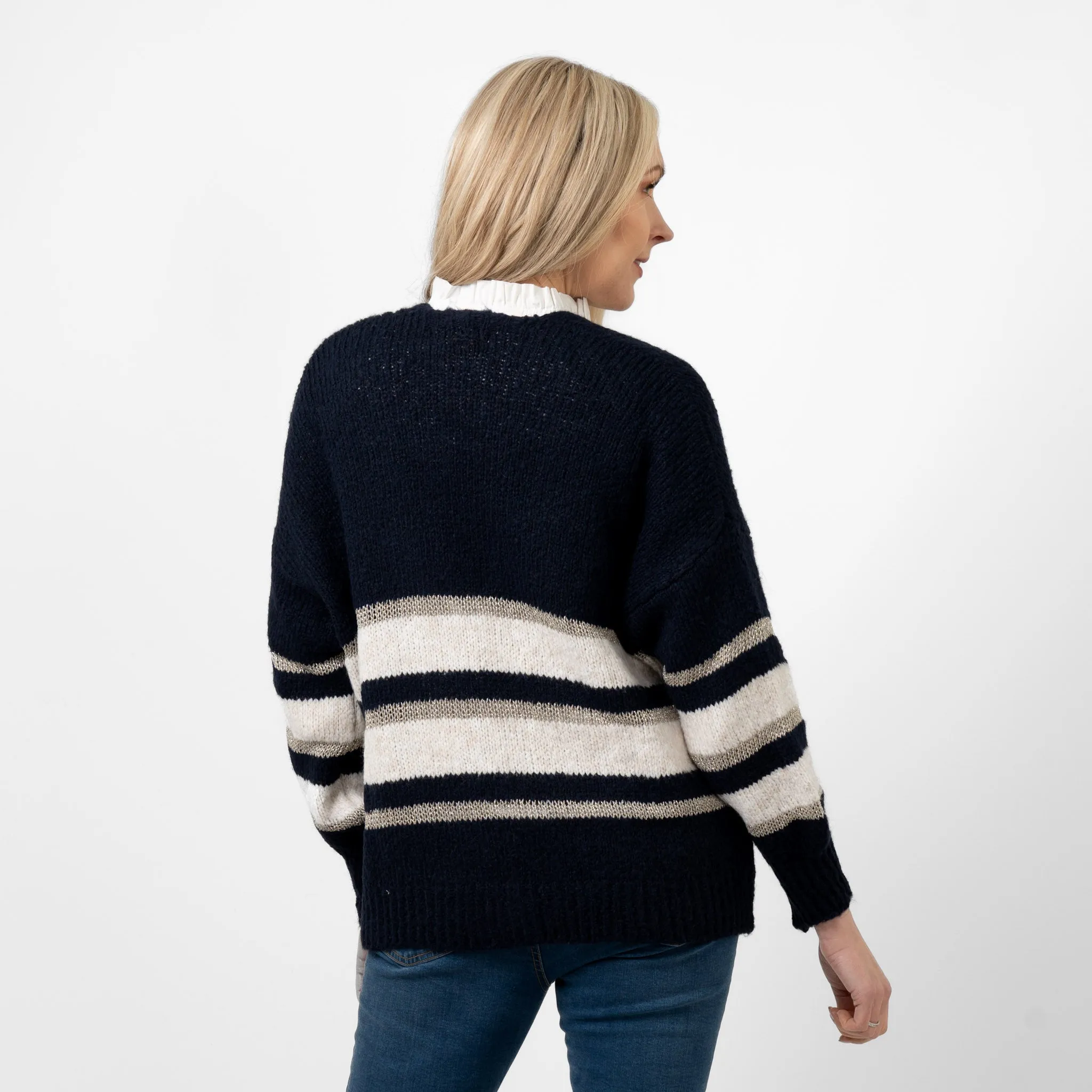 Paris Wool Blend Striped Cardigan - Navy/Cream/Gold, Striped