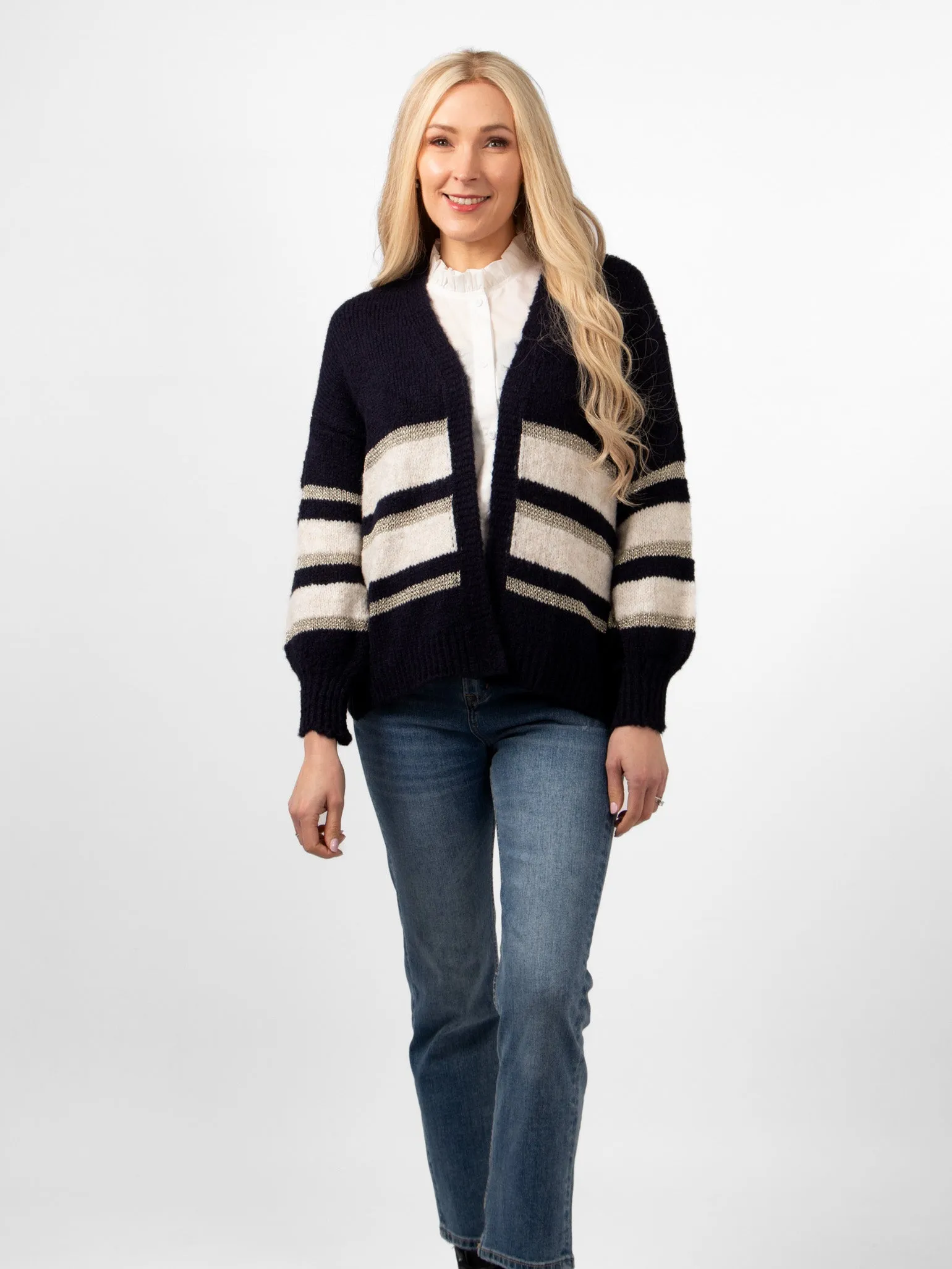 Paris Wool Blend Striped Cardigan - Navy/Cream/Gold, Striped
