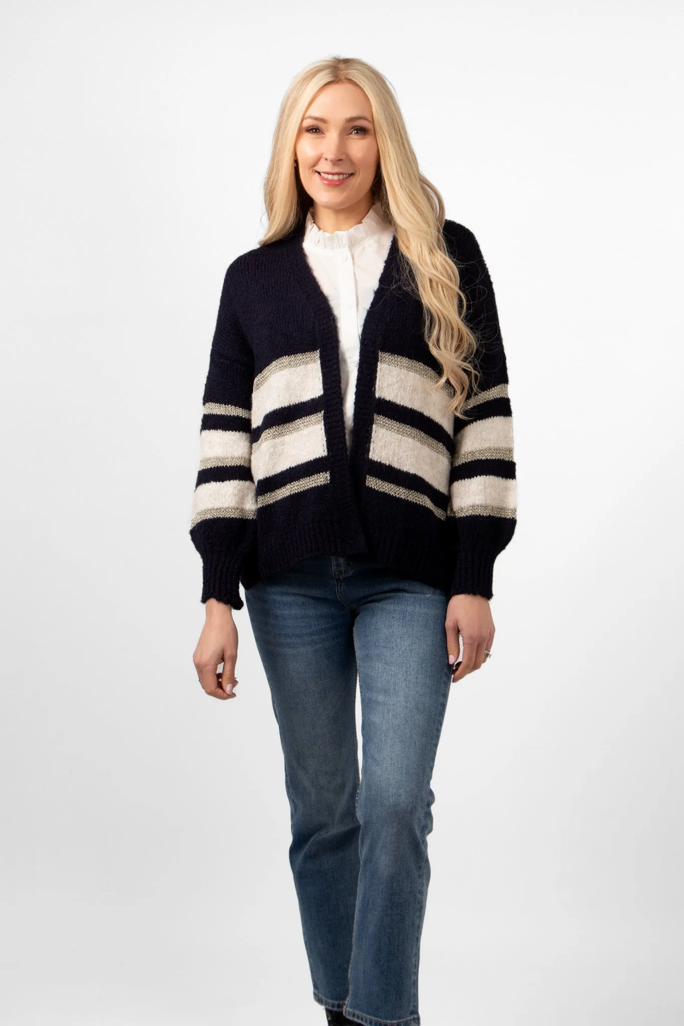 Paris Wool Blend Striped Cardigan - Navy/Cream/Gold, Striped