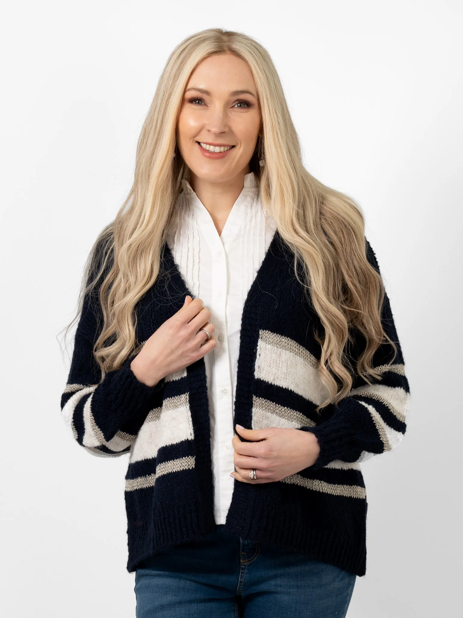Paris Wool Blend Striped Cardigan - Navy/Cream/Gold, Striped