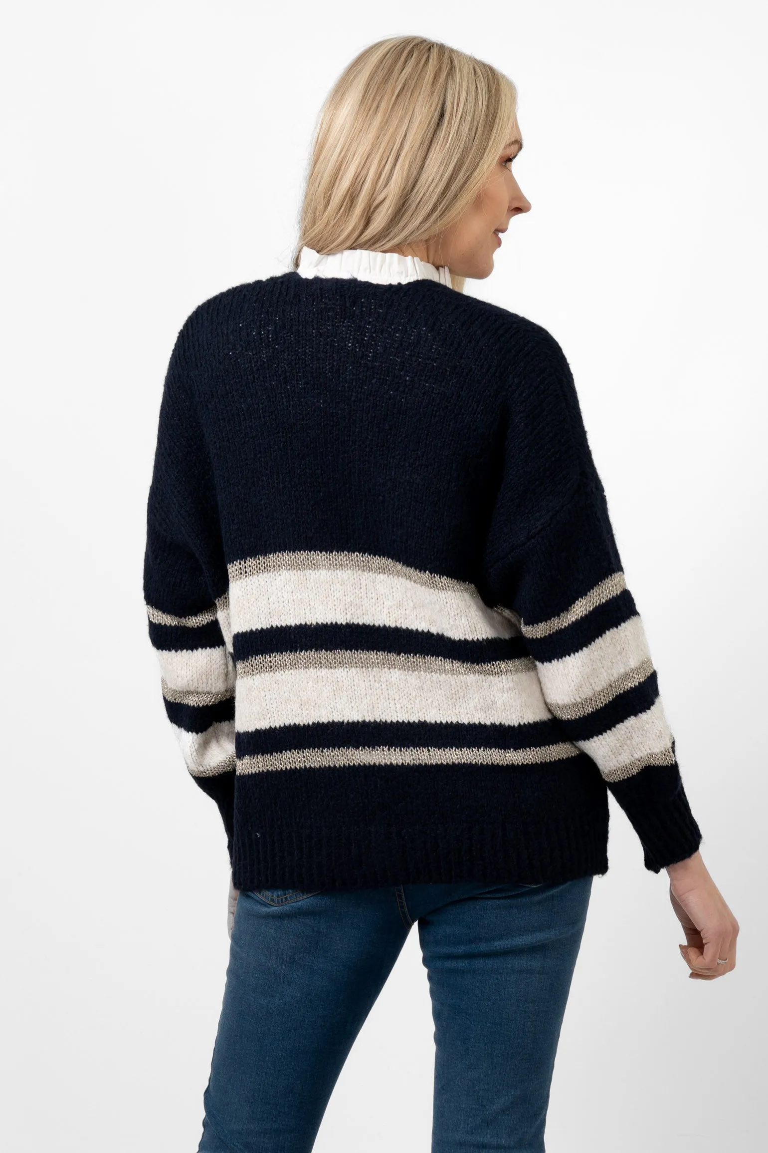 Paris Wool Blend Striped Cardigan - Navy/Cream/Gold, Striped