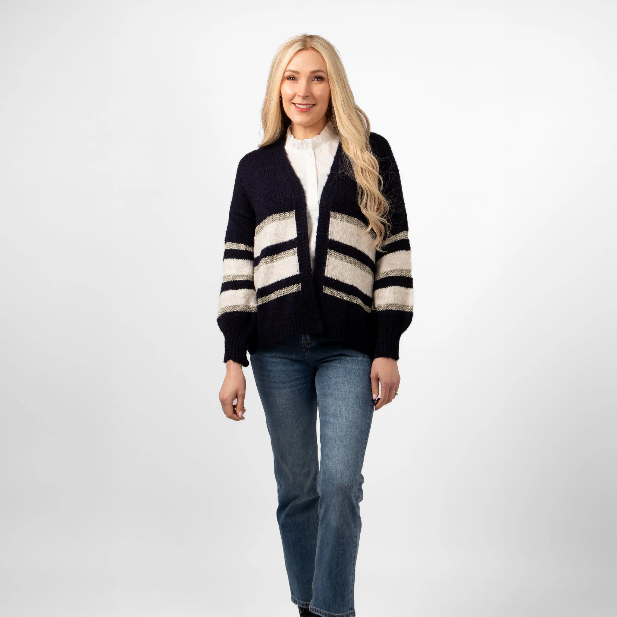 Paris Wool Blend Striped Cardigan - Navy/Cream/Gold, Striped