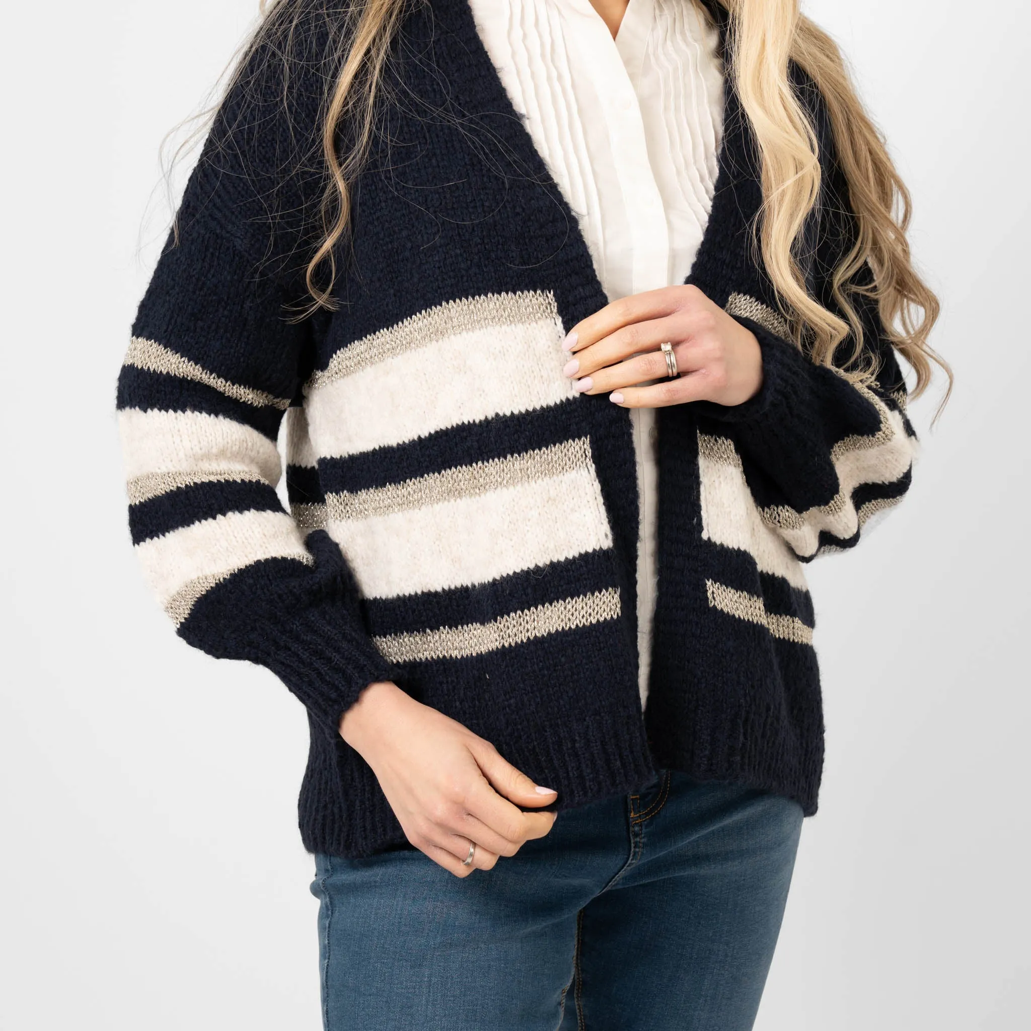 Paris Wool Blend Striped Cardigan - Navy/Cream/Gold, Striped