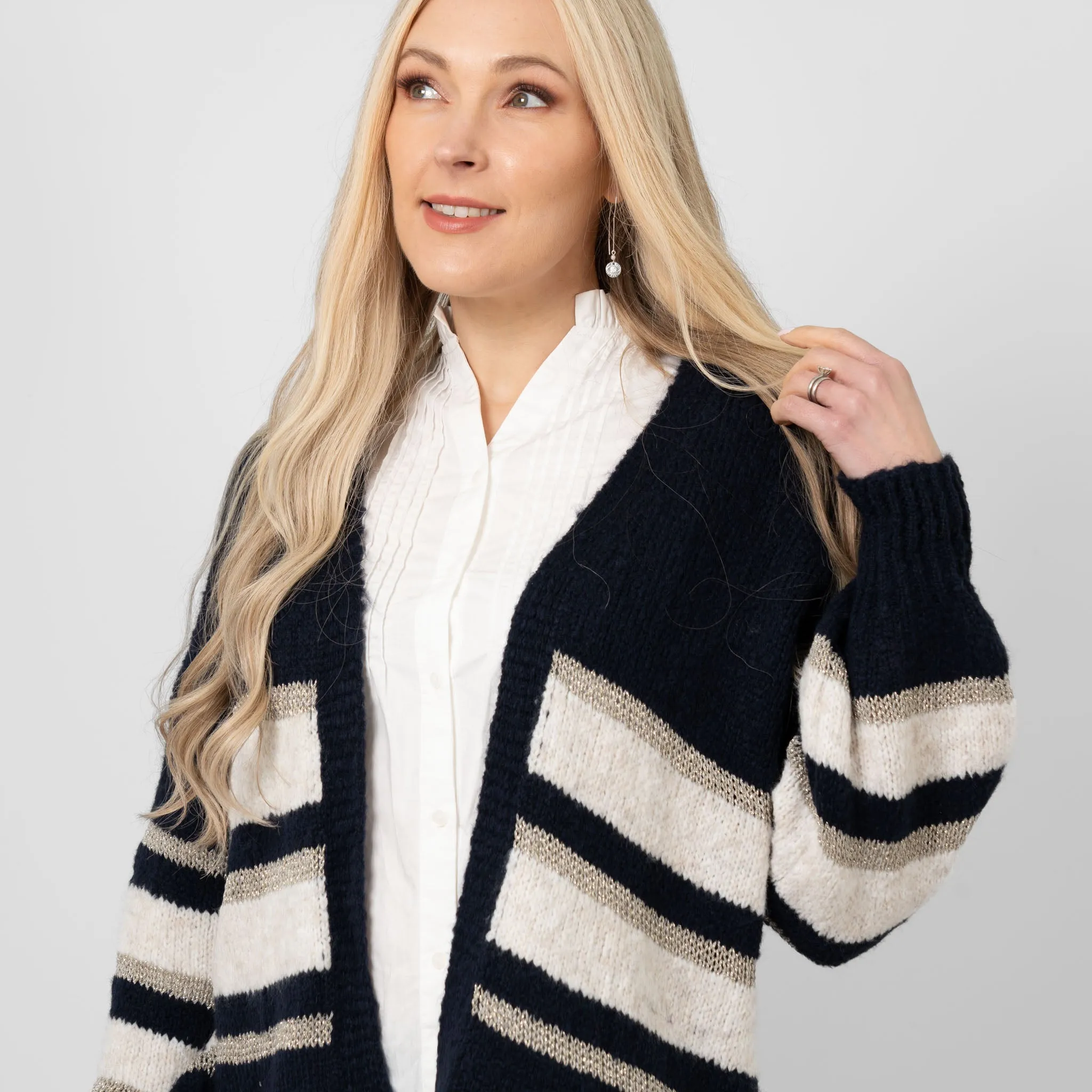 Paris Wool Blend Striped Cardigan - Navy/Cream/Gold, Striped