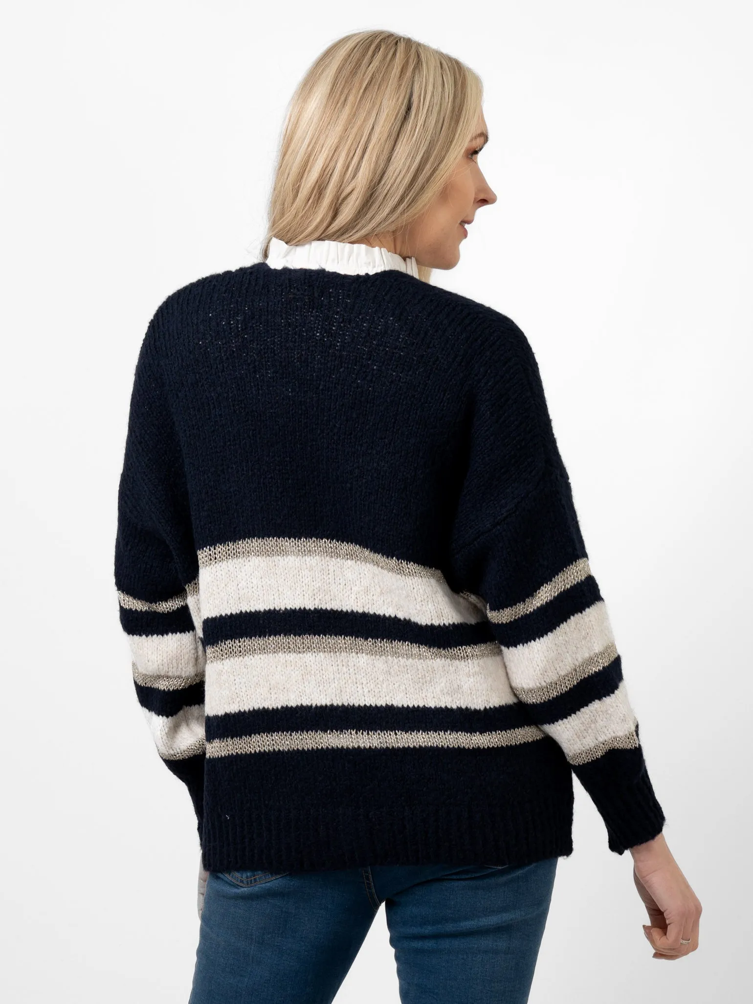 Paris Wool Blend Striped Cardigan - Navy/Cream/Gold, Striped