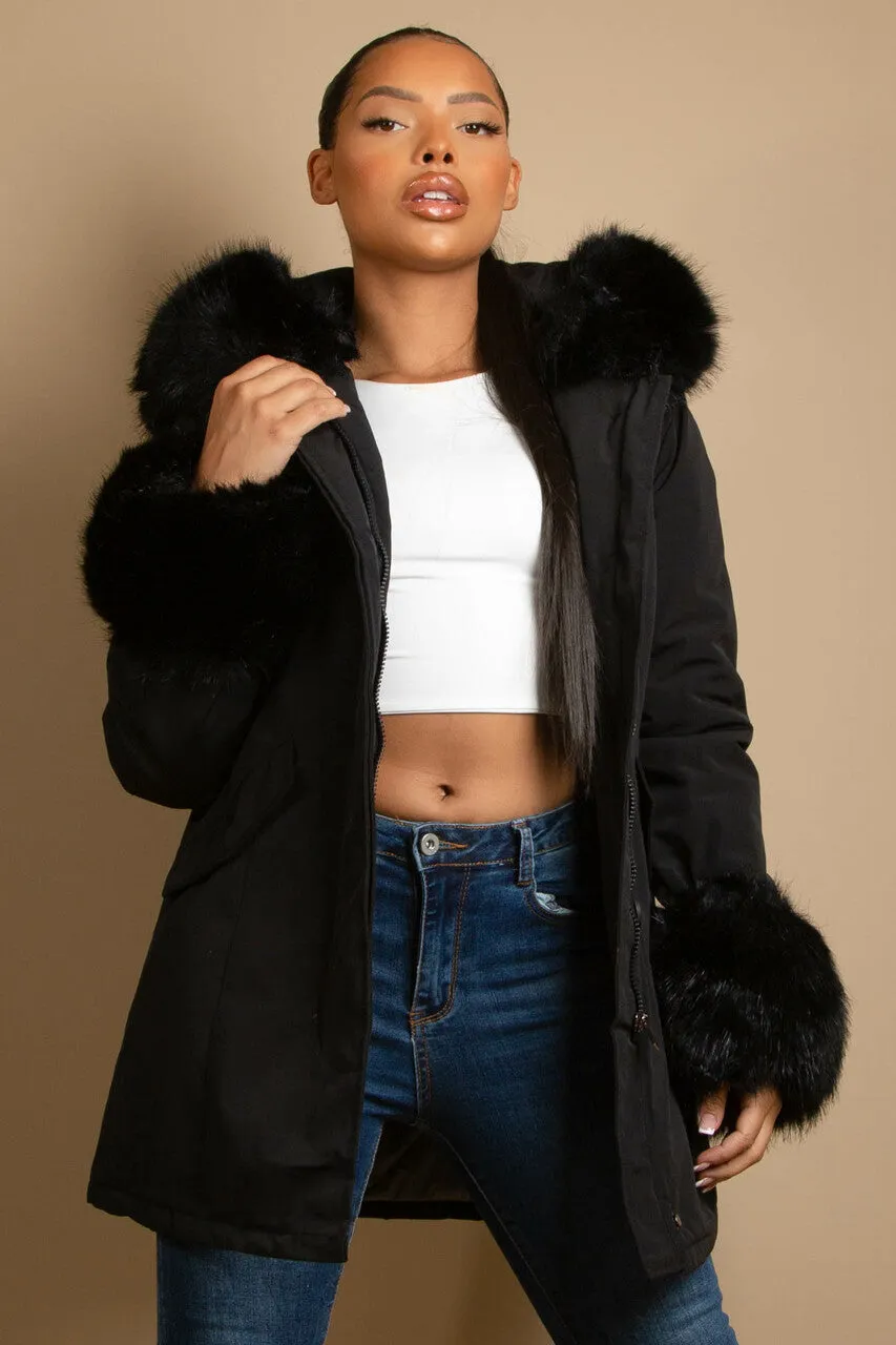 Parka Coat With Fur Hood And Cuffs