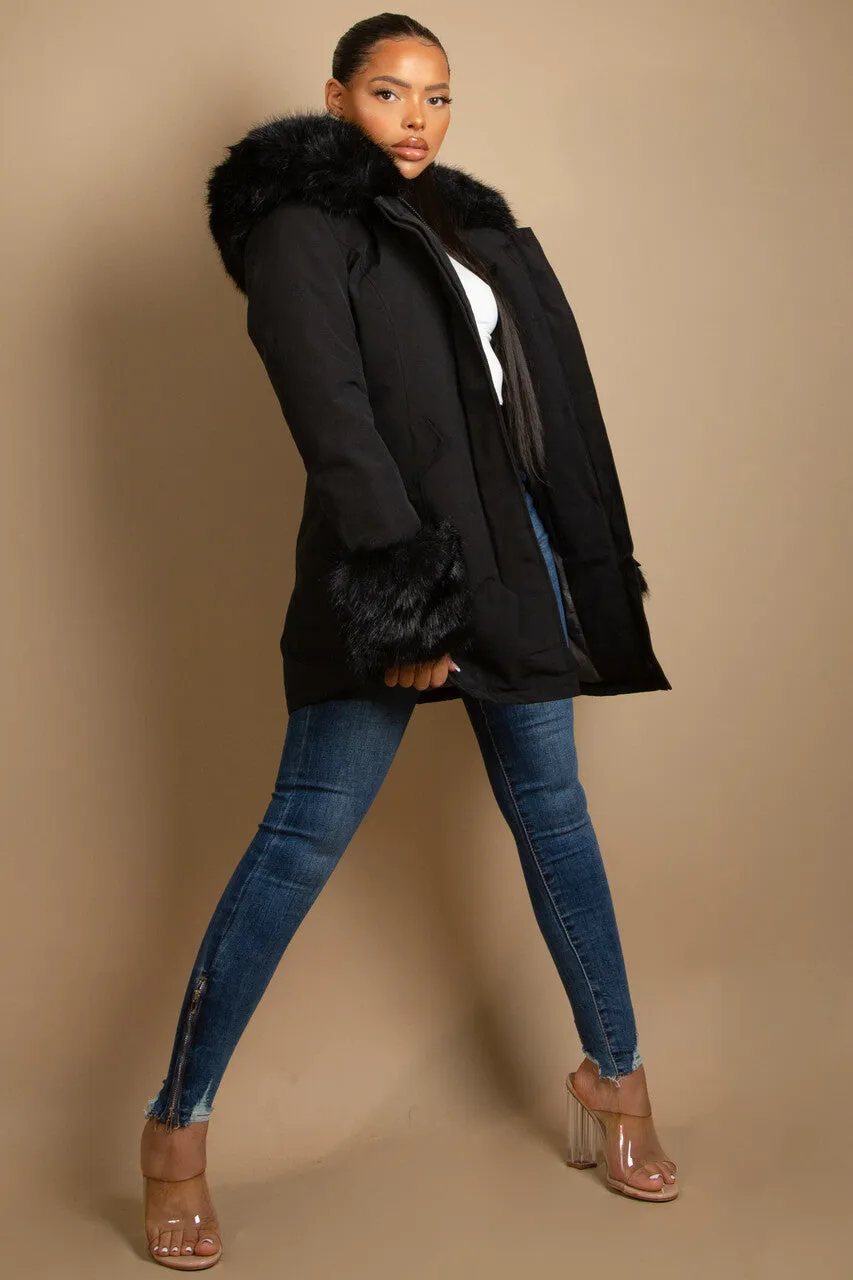 Parka Coat With Fur Hood And Cuffs