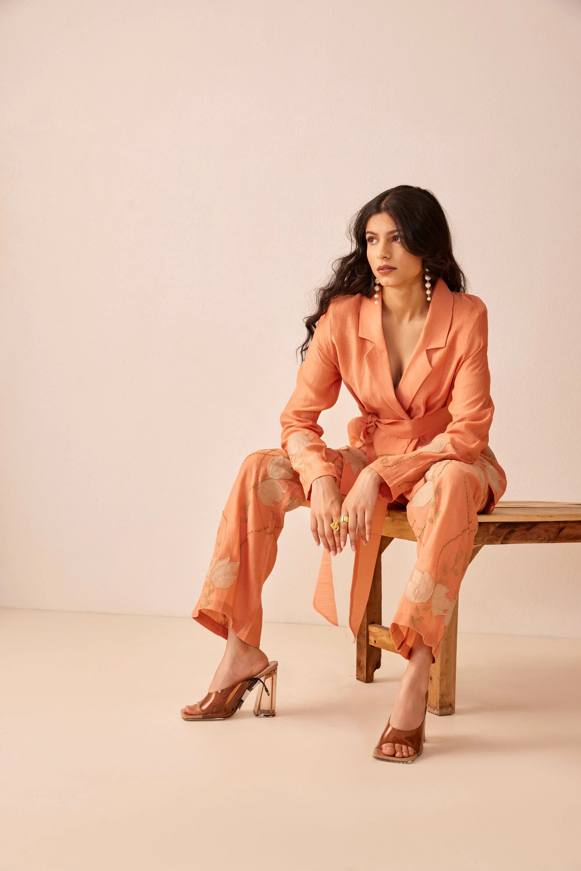 Peach chanderi silk hand embroidered pants