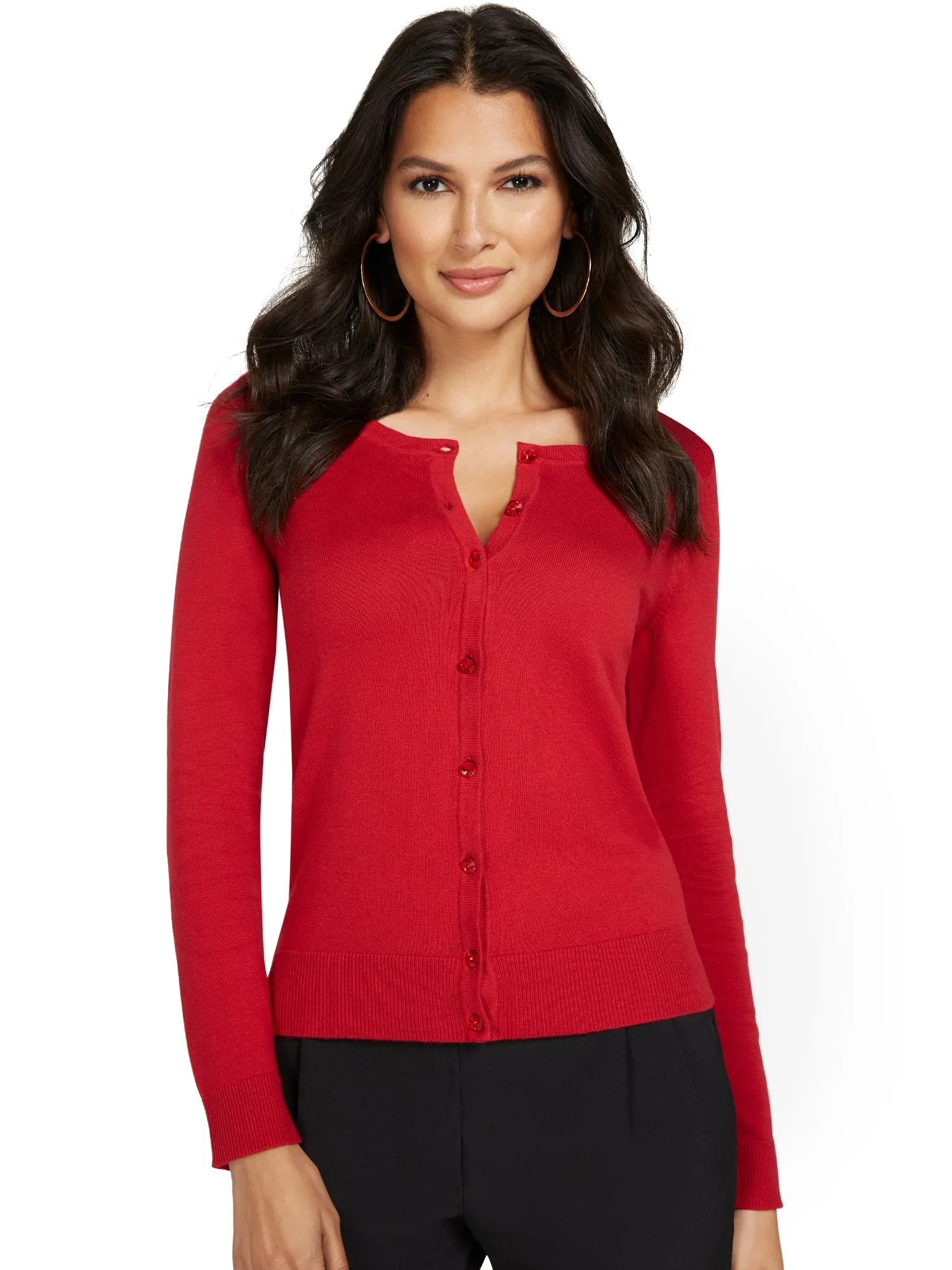 Petite Jeweled-Button Chelsea Crewneck Cardigan