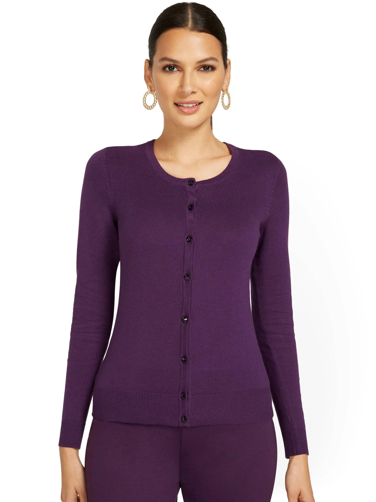 Petite Jeweled-Button Chelsea Crewneck Cardigan