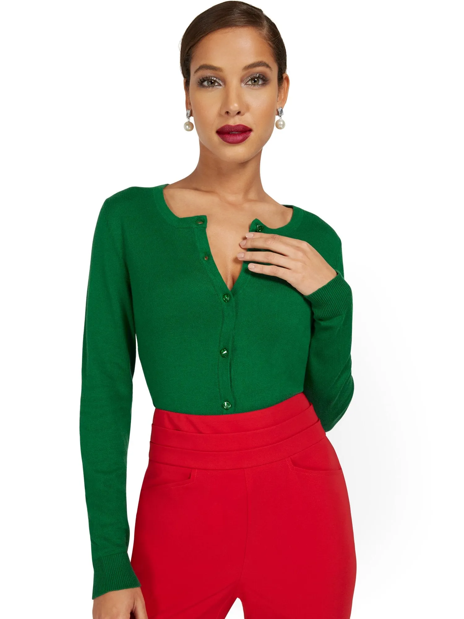 Petite Jeweled-Button Chelsea Crewneck Cardigan