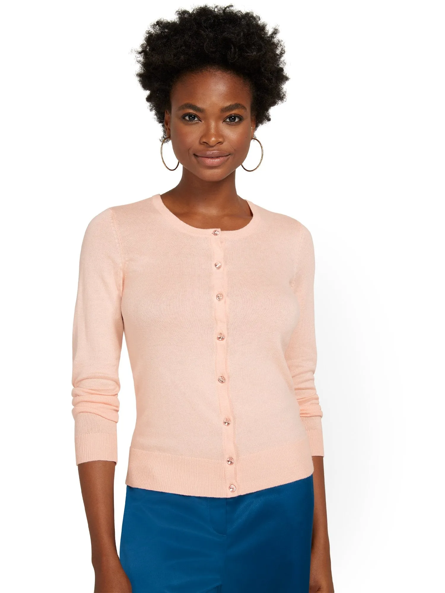 Petite Jeweled-Button Chelsea Crewneck Cardigan