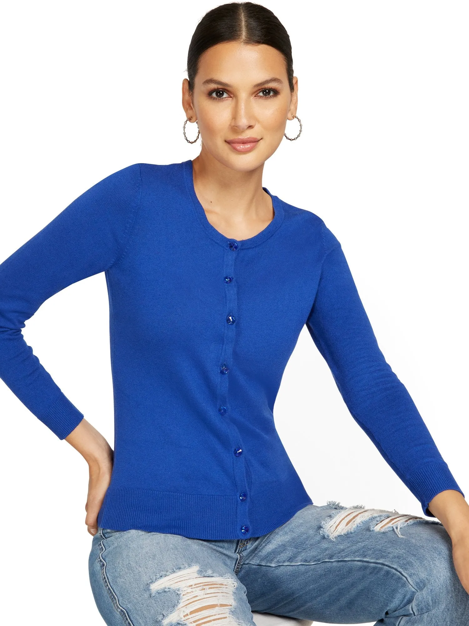 Petite Jeweled-Button Chelsea Crewneck Cardigan