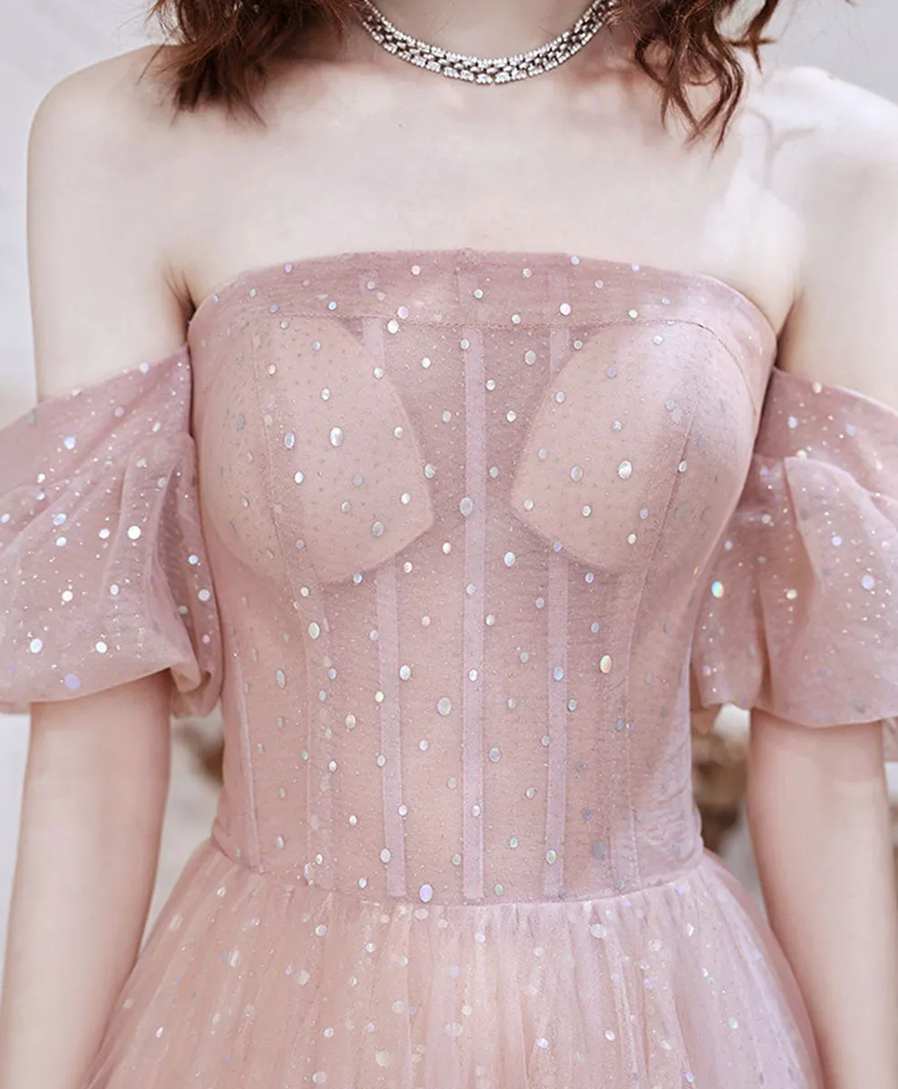 Pink Aline Tulle Long Prom Dress, Pink Formal Evening Party Dress