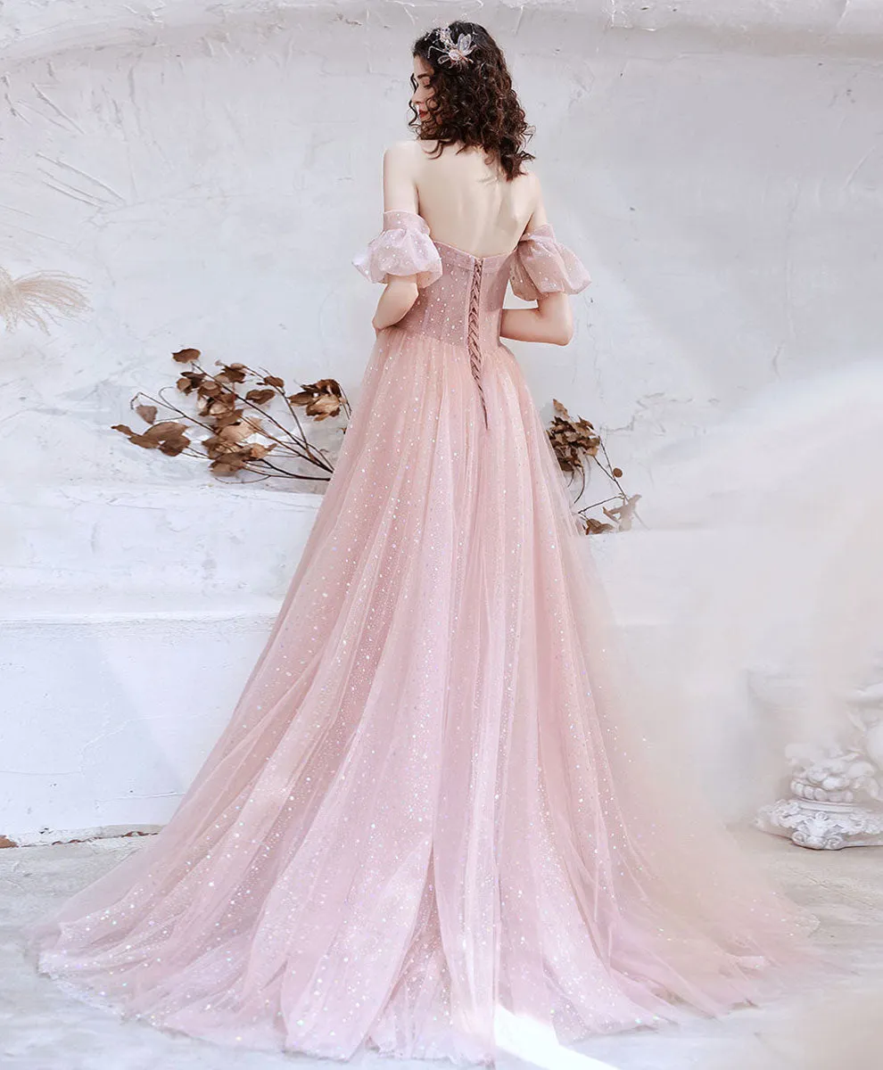 Pink Aline Tulle Long Prom Dress, Pink Formal Evening Party Dress