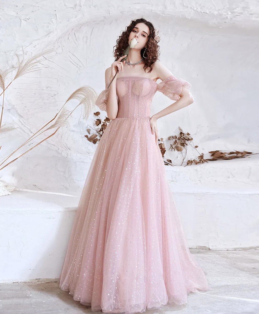 Pink Aline Tulle Long Prom Dress, Pink Formal Evening Party Dress