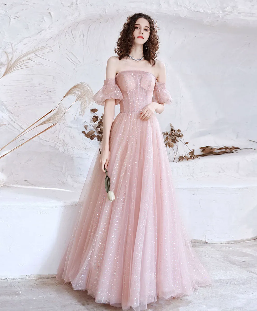 Pink Aline Tulle Long Prom Dress, Pink Formal Evening Party Dress