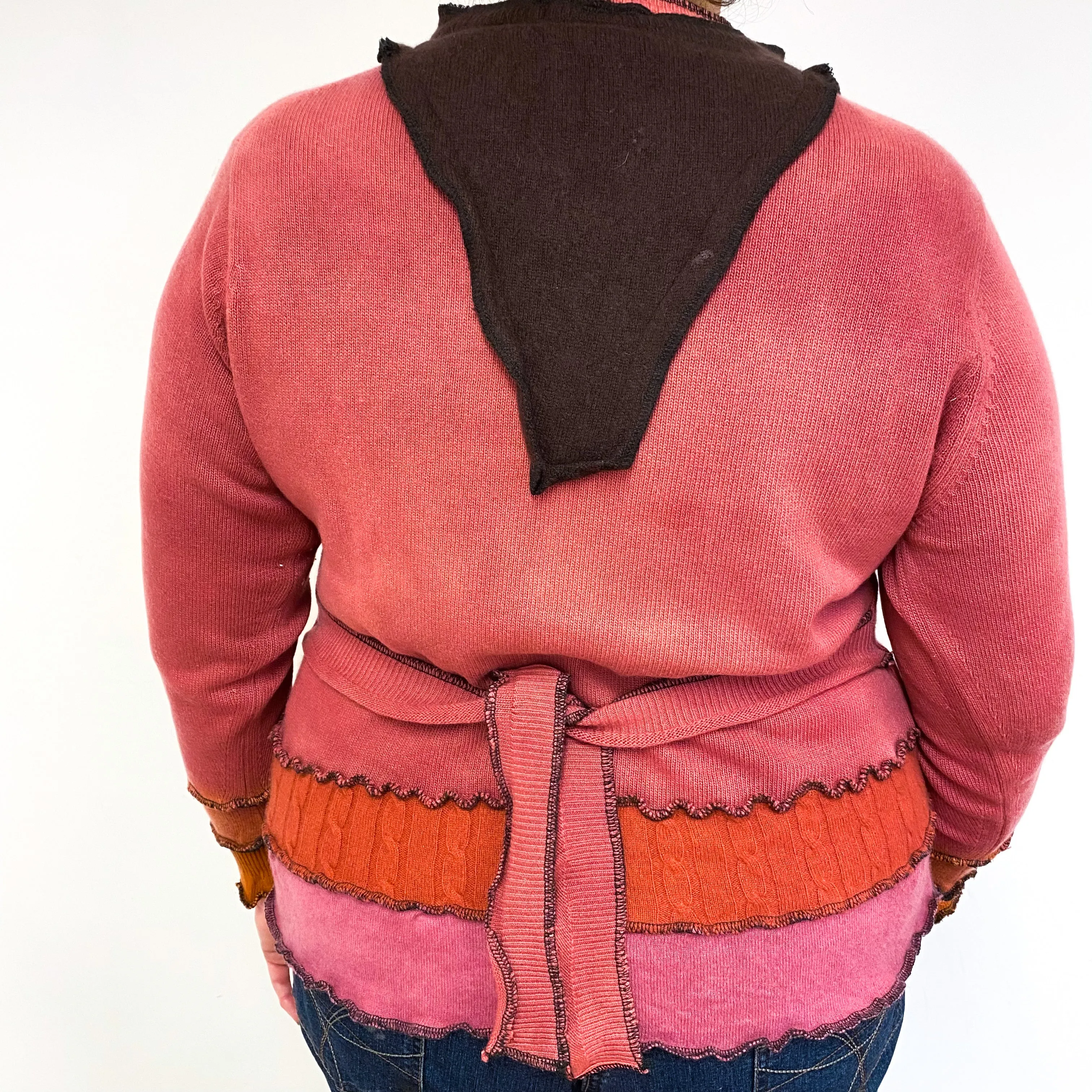 Pink and Brown Tie Dye Cashmere Ruffle Trim Cardigan Extra Large
