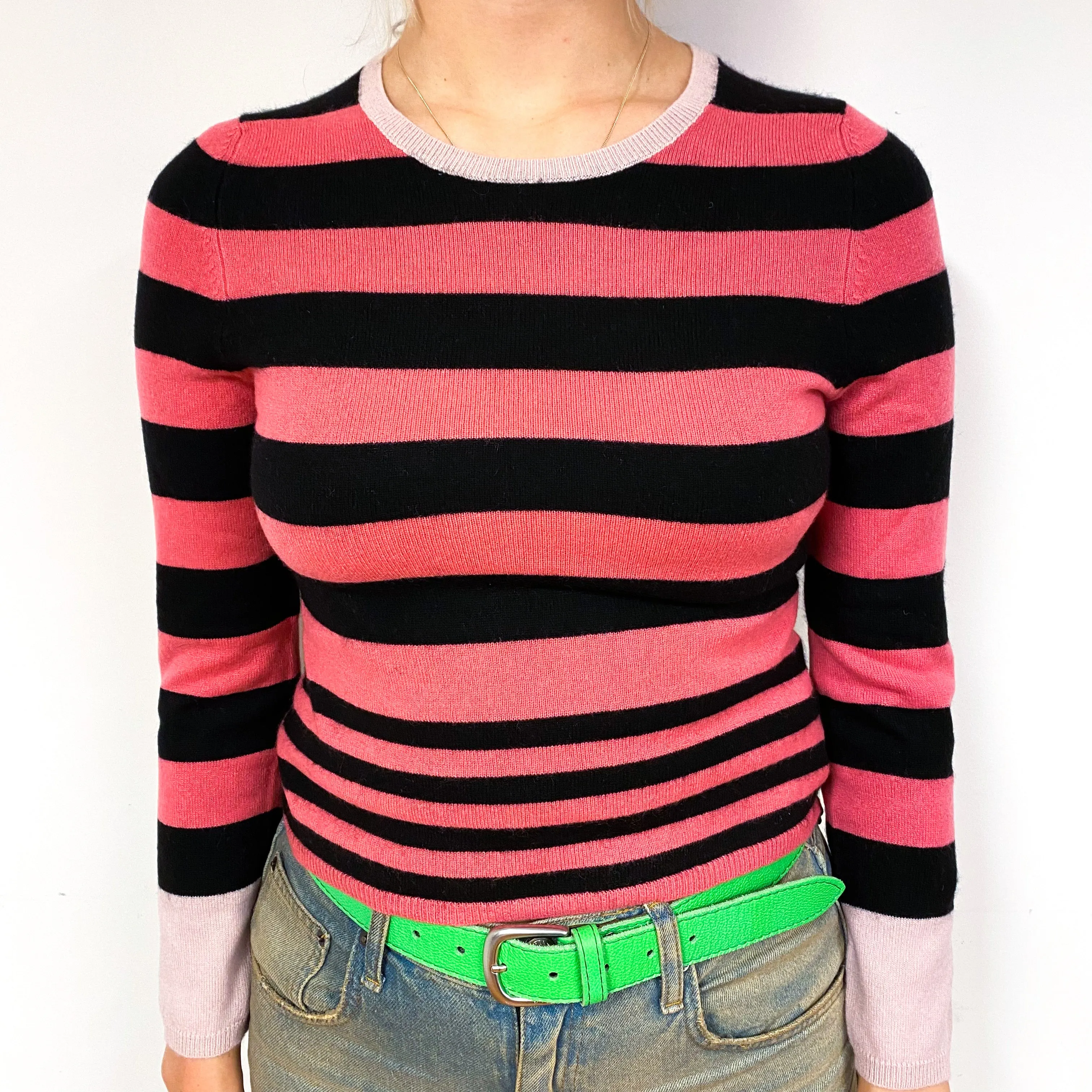 Pink Black Stripe Cashmere Crew Neck Jumper Small